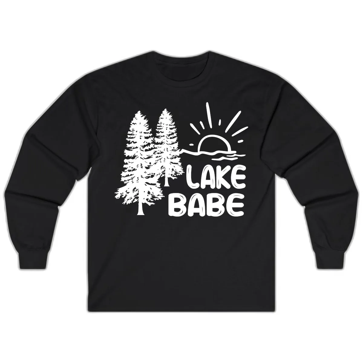Lake Babe Mountain Trees Sun Design Long Sleeve in Black