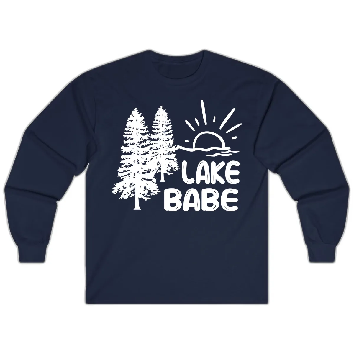 Lake Babe Mountain Trees Sun Design Long Sleeve in Navy