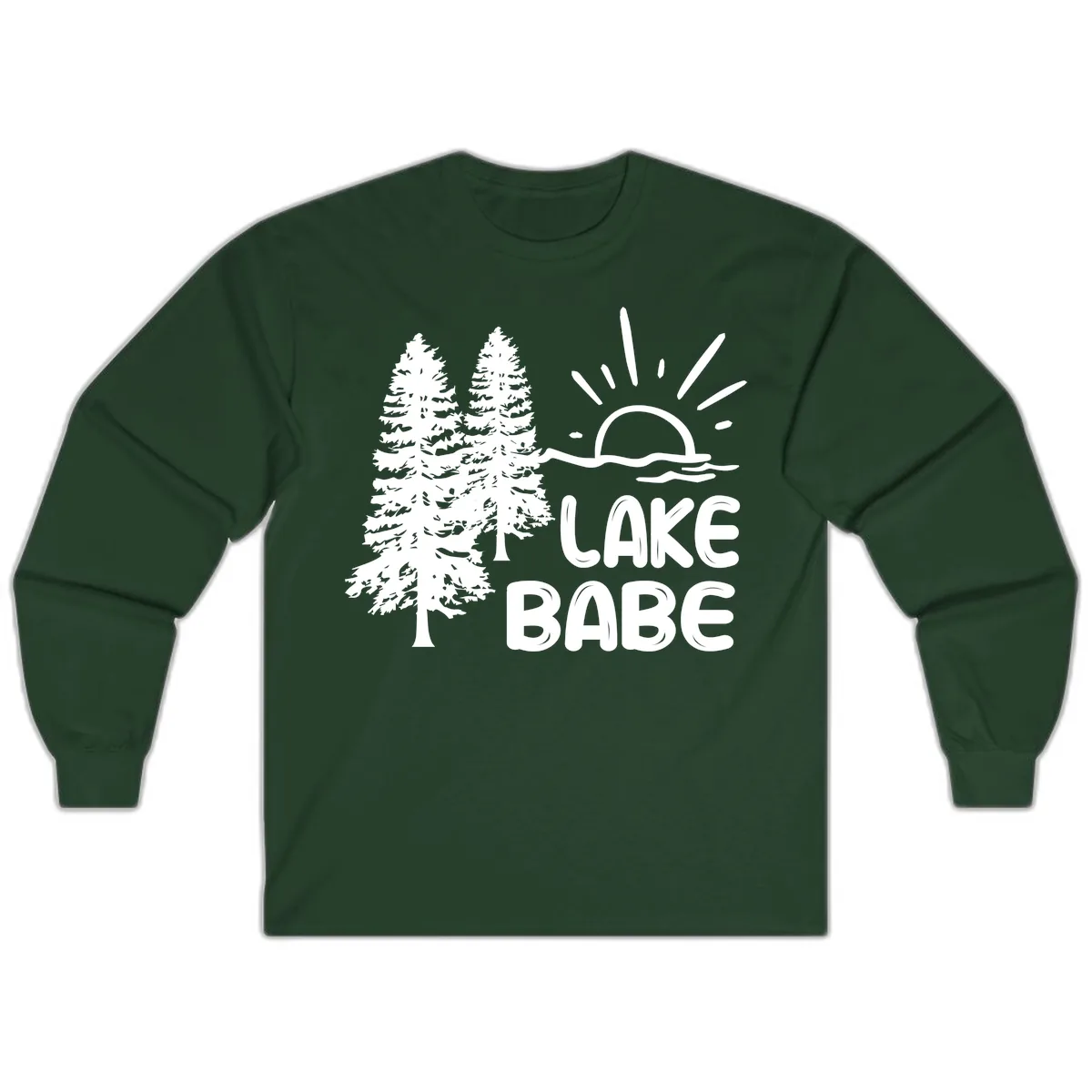 Lake Babe Mountain Trees Sun Design Long Sleeve in Forest Green
