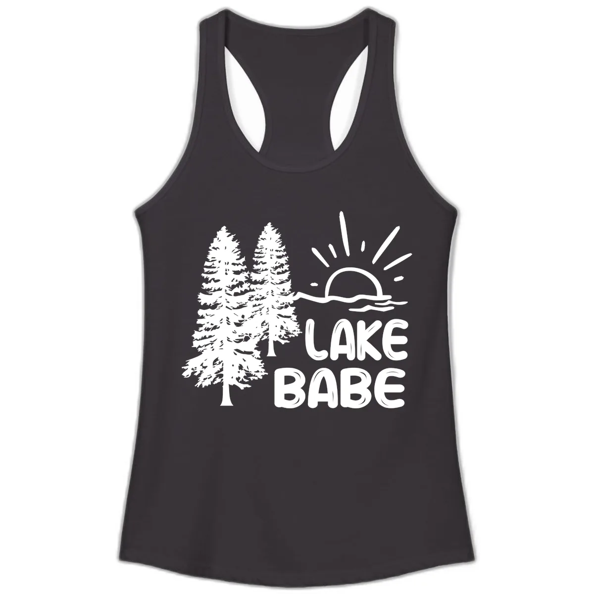 Lake Babe Mountain Trees Sun Design Ladies Tank in Black