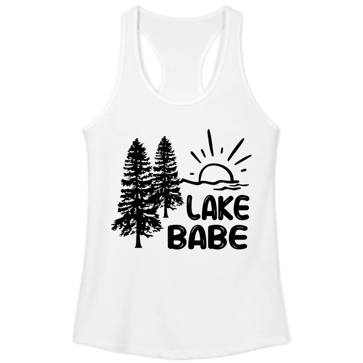 Lake Babe Mountain Trees Sun Design Ladies Tank in White