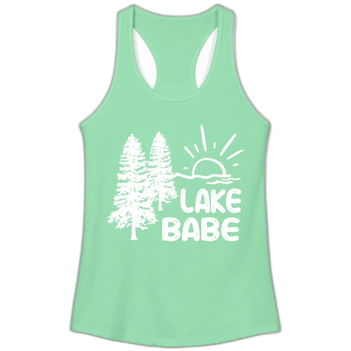 Lake Babe Mountain Trees Sun Design Ladies Tank in Solid Mint