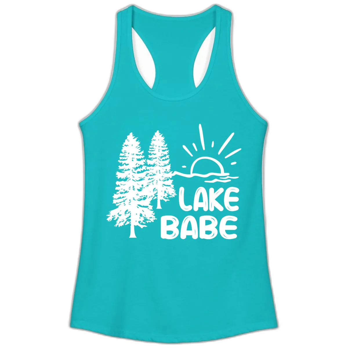 Lake Babe Mountain Trees Sun Design Ladies Tank in Tahiti Blue