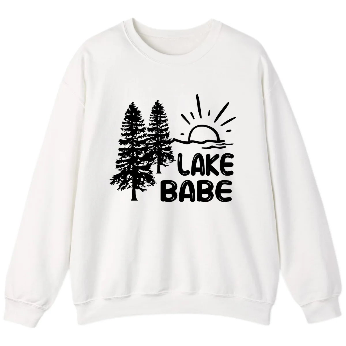 Lake Babe Mountain Trees Sun Design Sweatshirt in White