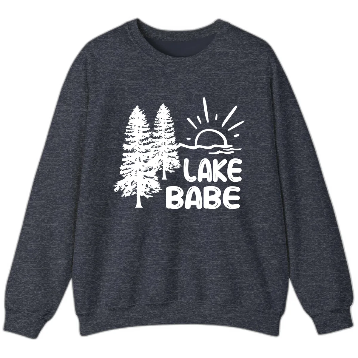 Lake Babe Mountain Trees Sun Design Sweatshirt in Heather Sport Dark Navy