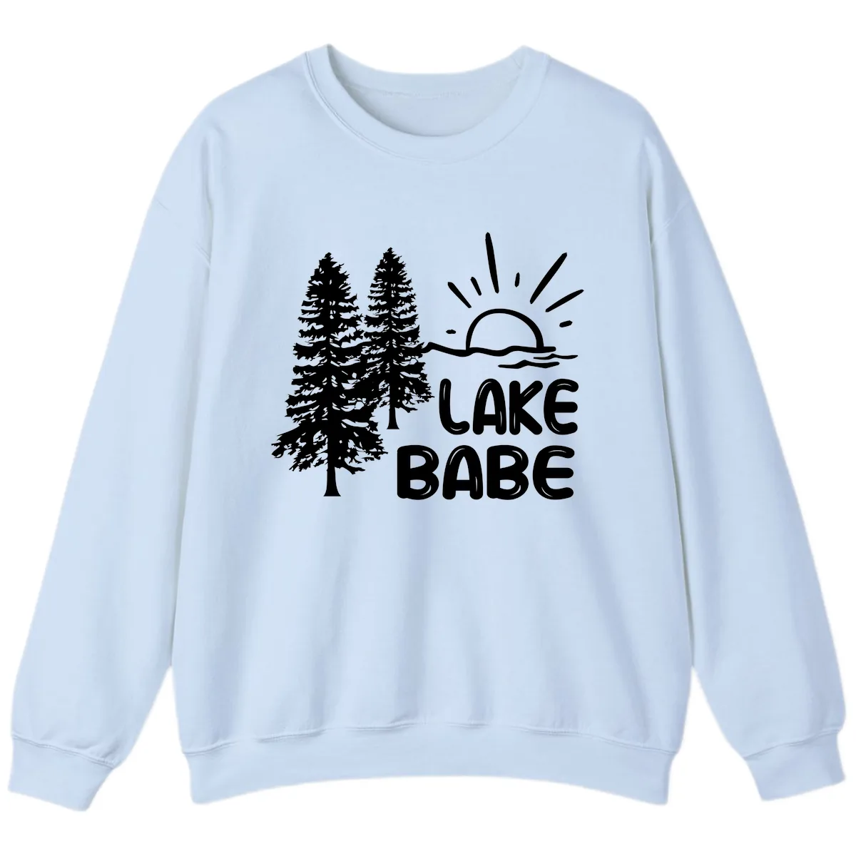 Lake Babe Mountain Trees Sun Design Sweatshirt in Light Blue