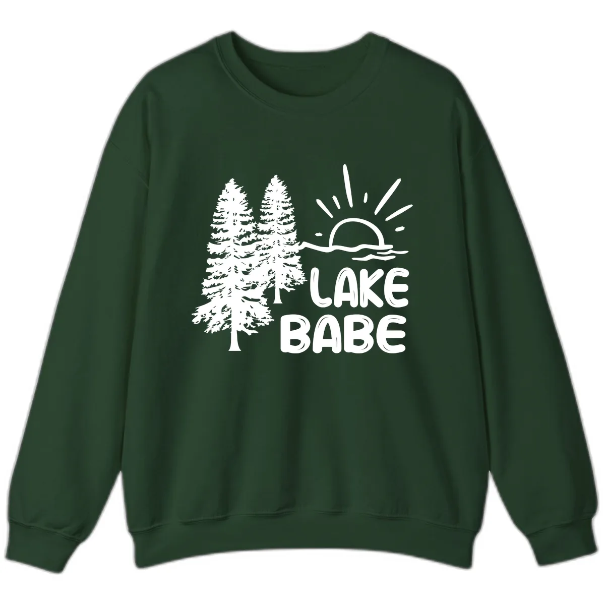 Lake Babe Mountain Trees Sun Design Sweatshirt in Forest Green