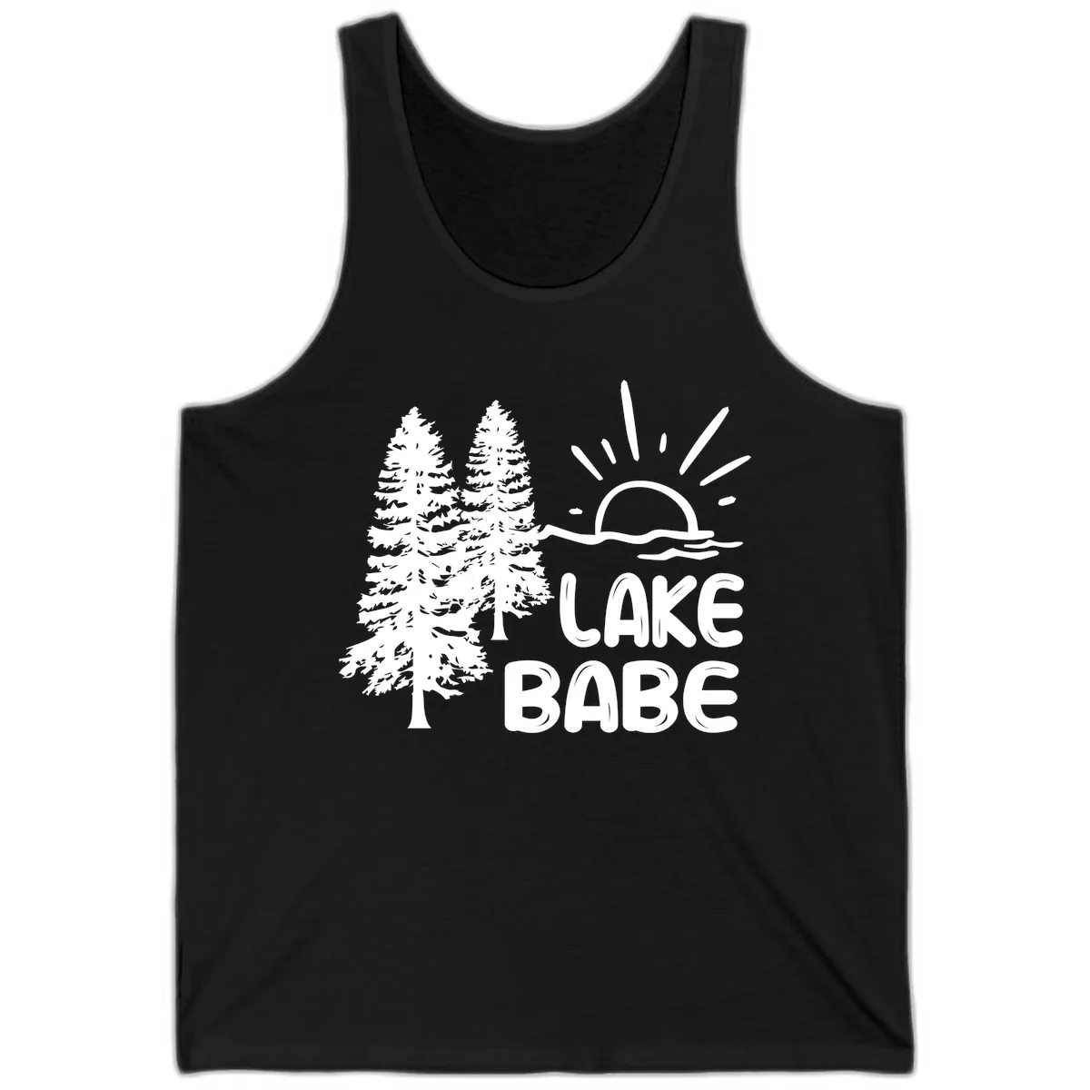 Lake Babe Mountain Trees Sun Design Tank in Black