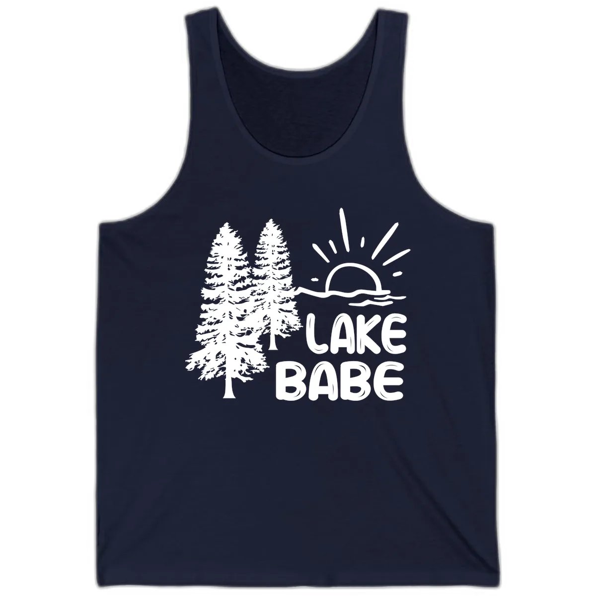 Lake Babe Mountain Trees Sun Design Tank in Navy