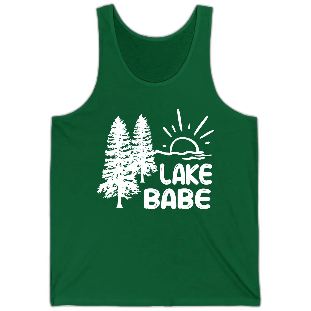 Lake Babe Mountain Trees Sun Design Tank in Kelly