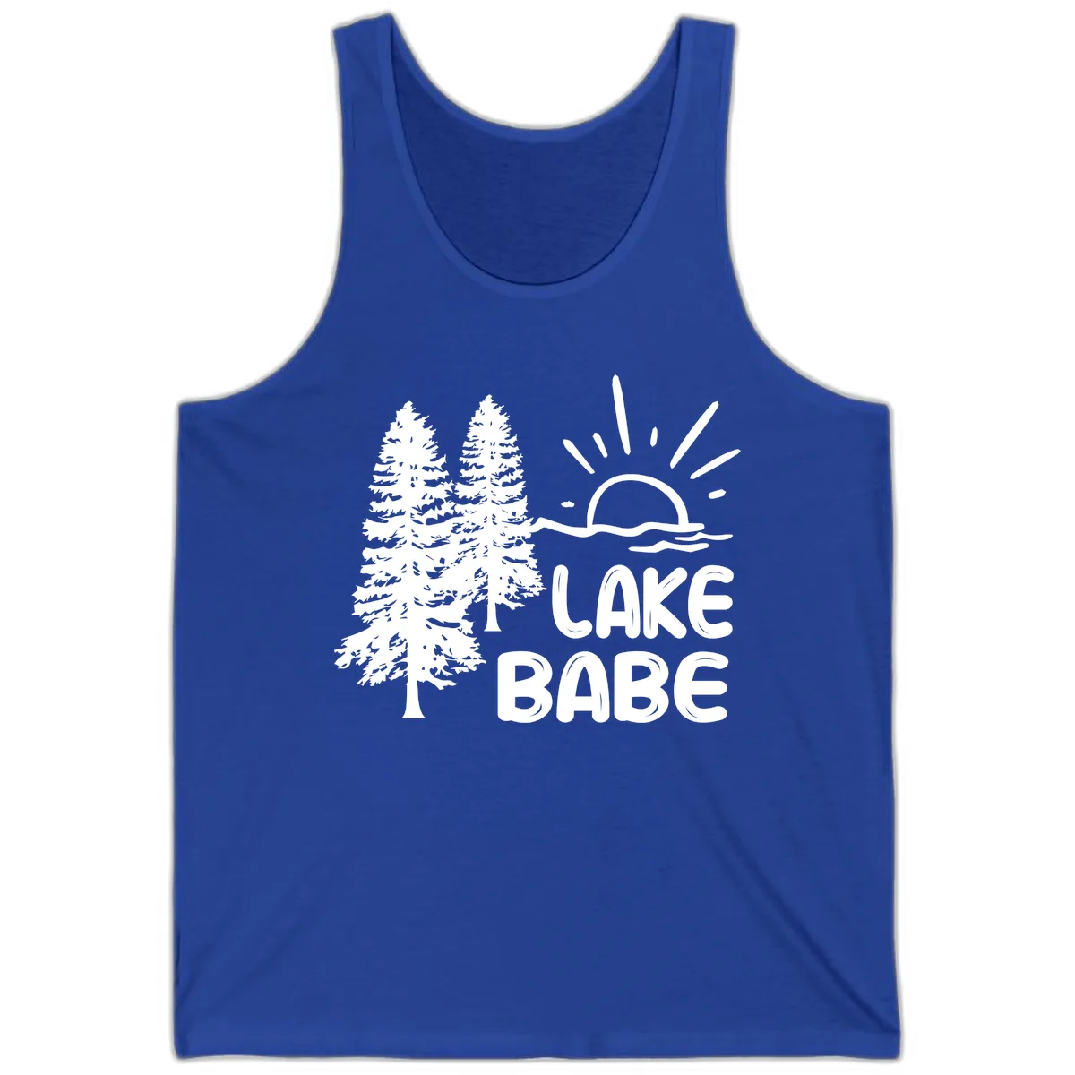 Lake Babe Mountain Trees Sun Design Tank in True Royal