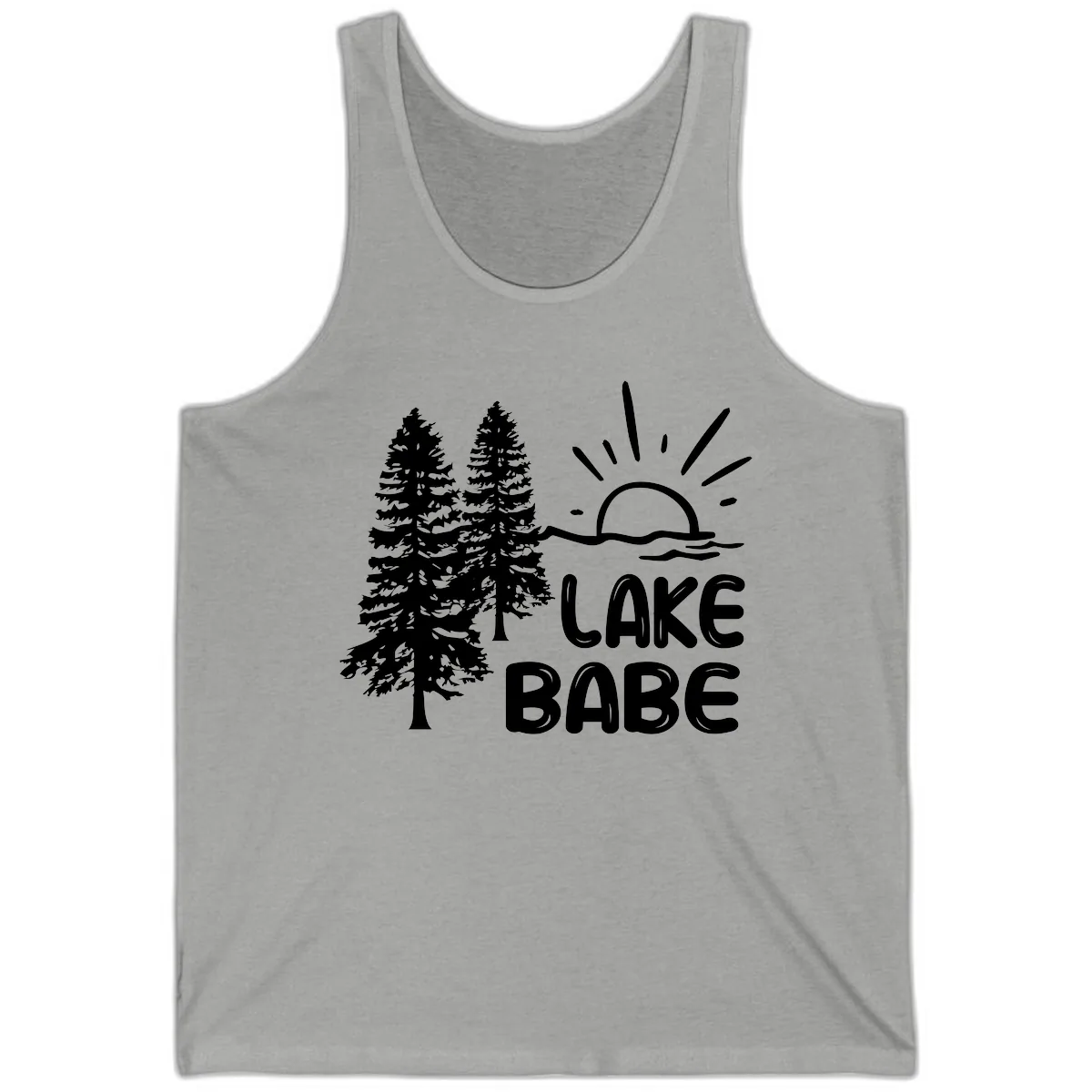 Lake Babe Mountain Trees Sun Design Tank in Athletic Heather