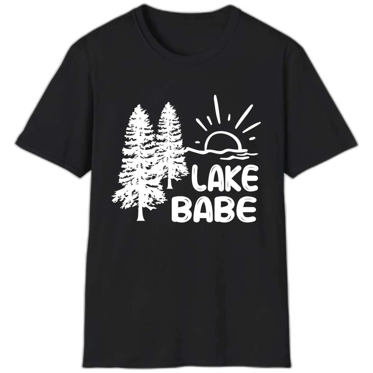 Lake Babe Mountain Trees Sun Design T-Shirt in Black