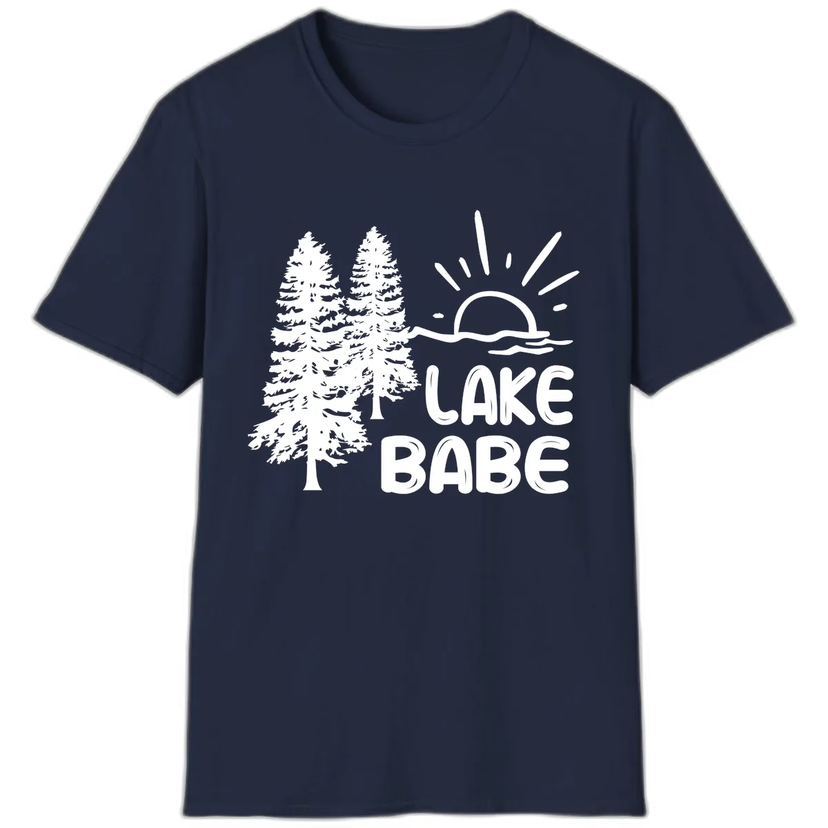 Lake Babe Mountain Trees Sun Design T-Shirt in Navy