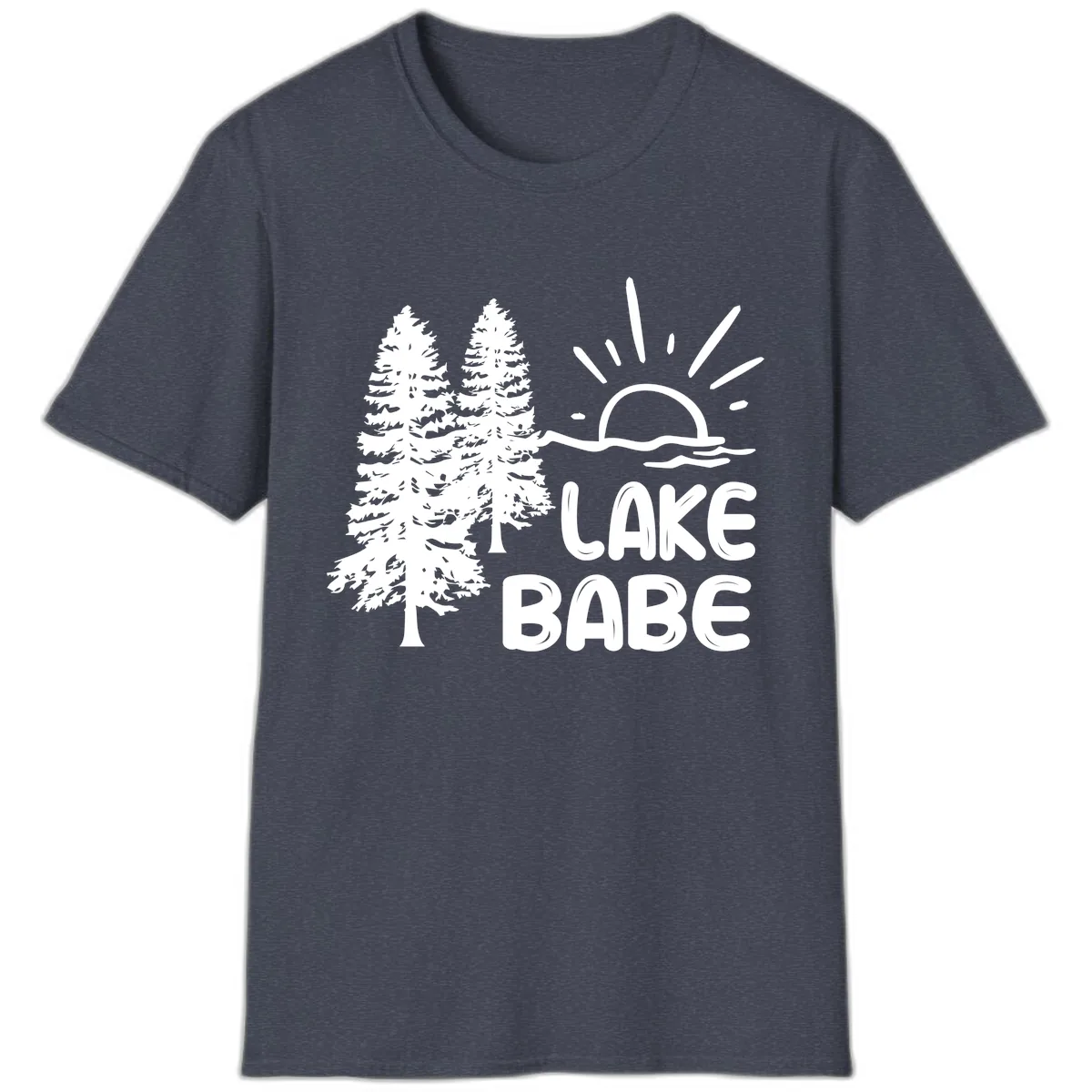 Lake Babe Mountain Trees Sun Design T-Shirt in Heather Navy