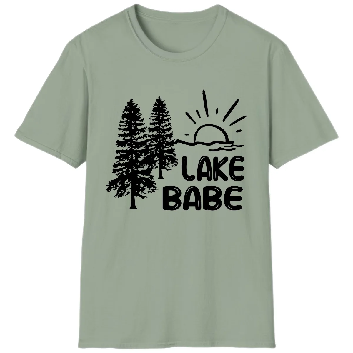 Lake Babe Mountain Trees Sun Design T-Shirt in Sage