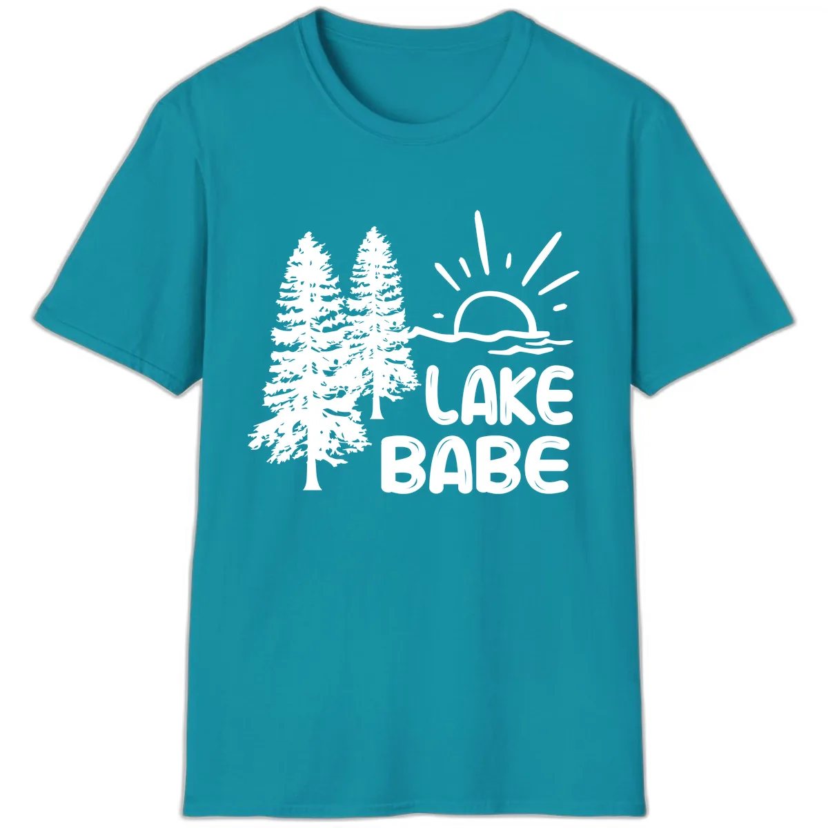 Lake Babe Mountain Trees Sun Design T-Shirt in Tropical Blue