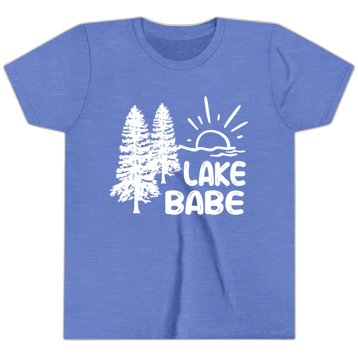 Lake Babe Mountain Trees Sun Design Youth T-Shirt in Heather Columbia Blue