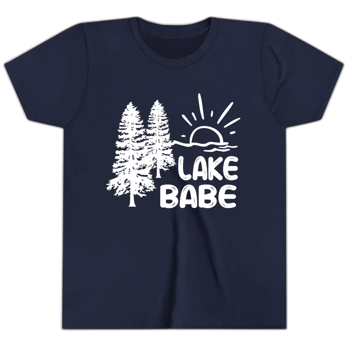 Lake Babe Mountain Trees Sun Design Youth T-Shirt in Navy