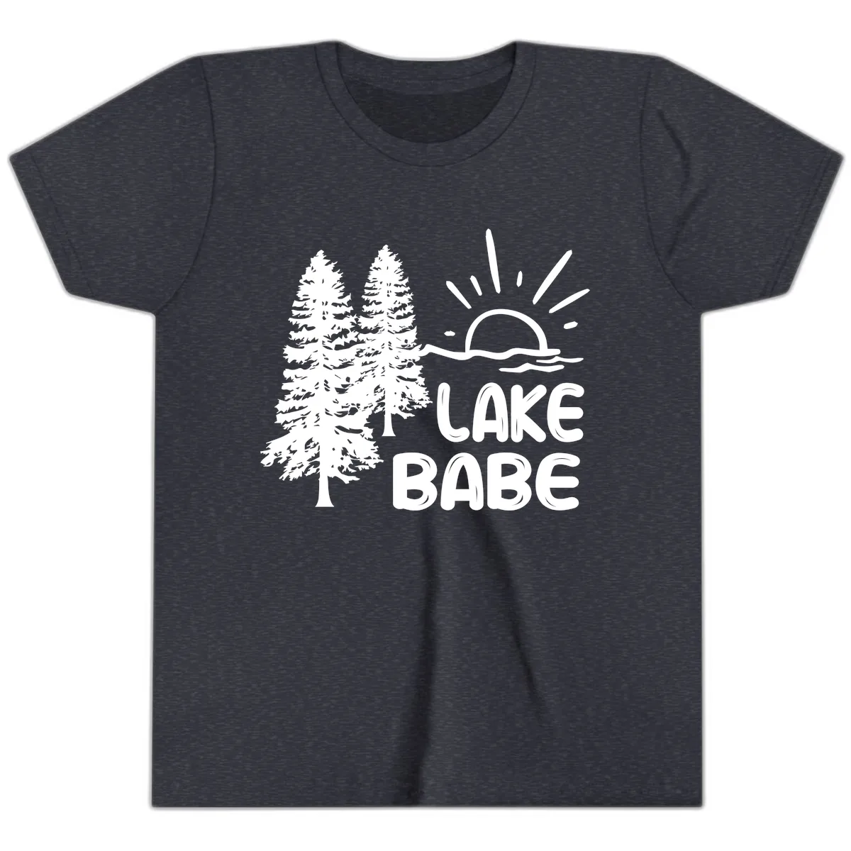 Lake Babe Mountain Trees Sun Design Youth T-Shirt in Heather Navy