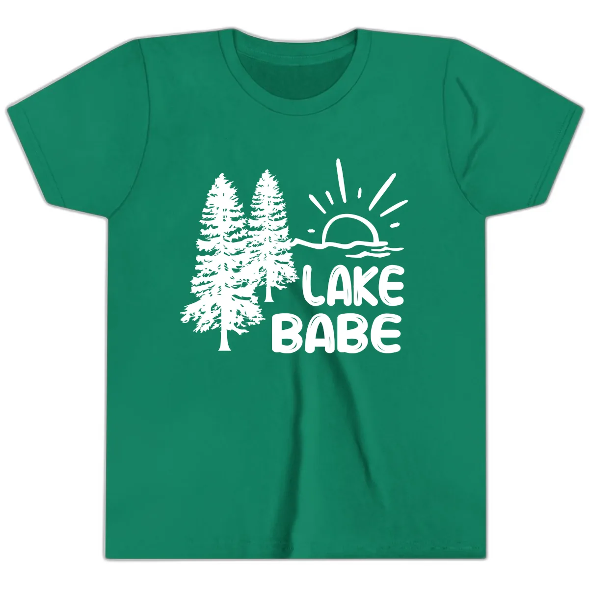 Lake Babe Mountain Trees Sun Design Youth T-Shirt in Kelly