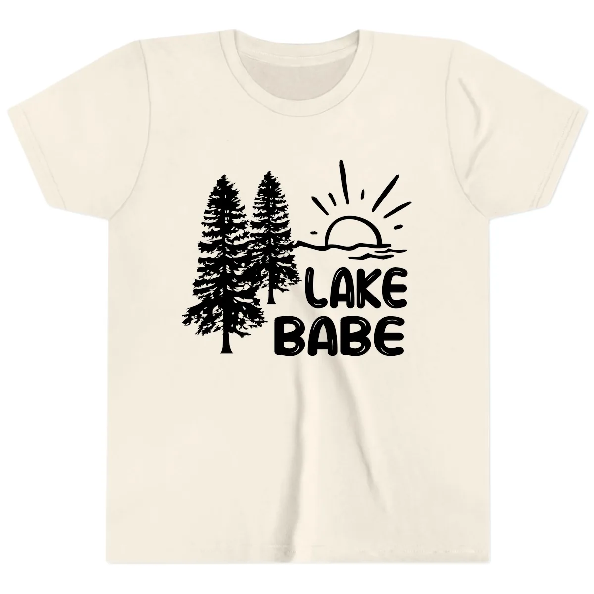 Lake Babe Mountain Trees Sun Design Youth T-Shirt in Natural