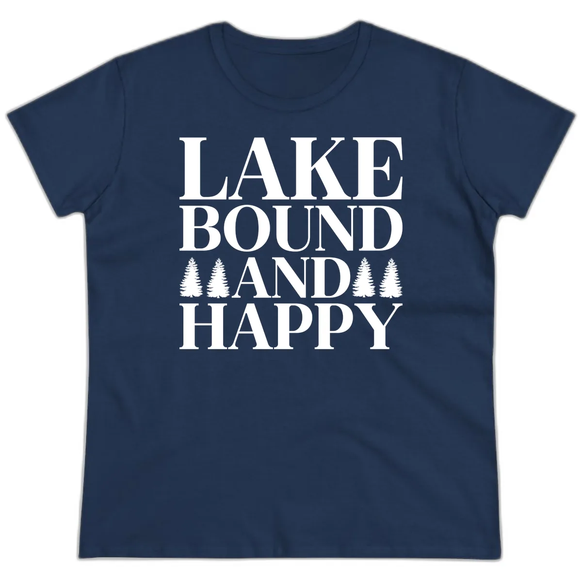 Lake Bound And Happy Design Ladies Tee in Navy
