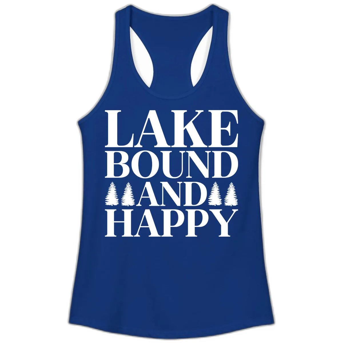 Lake Bound And Happy Design Ladies Tank in Solid Royal