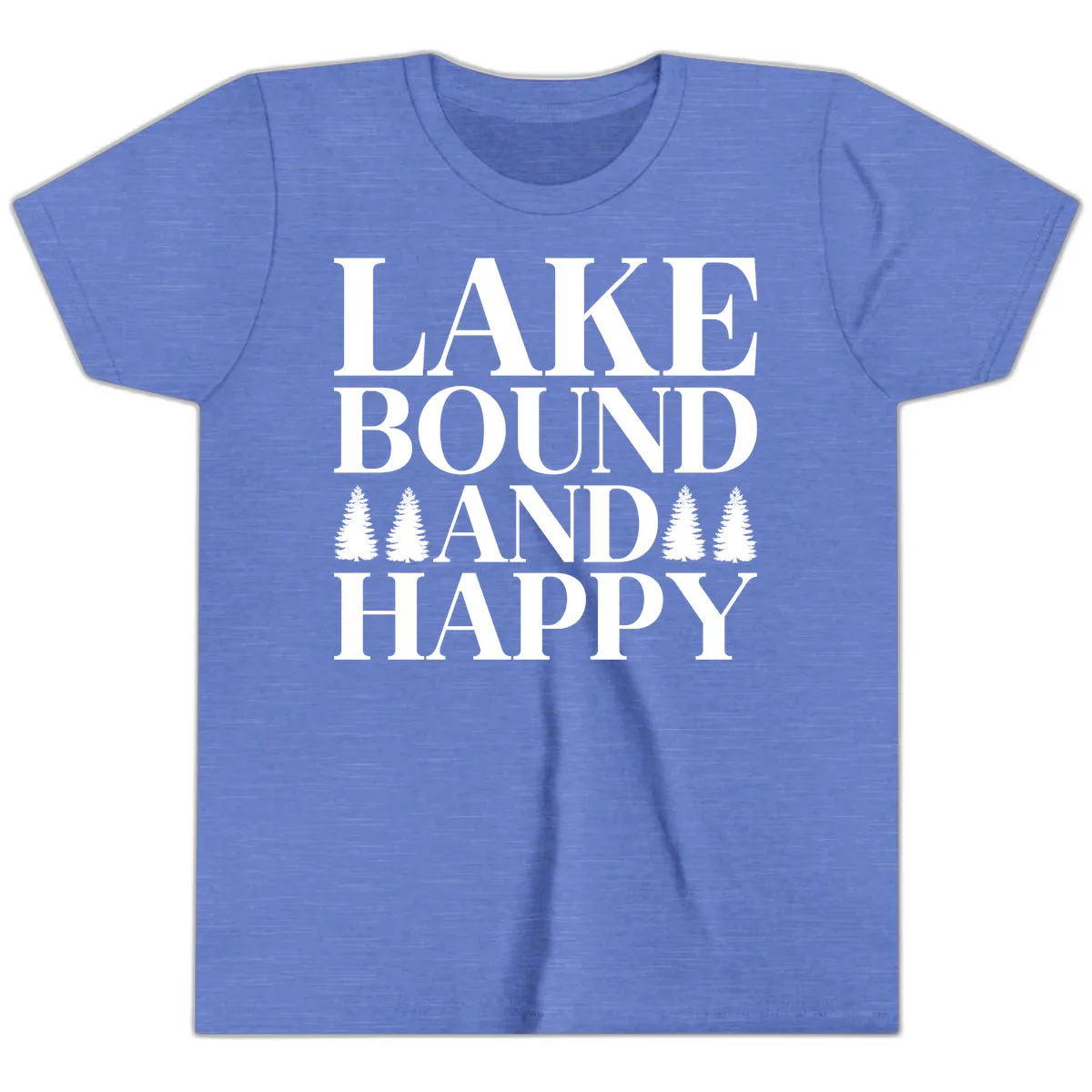 Lake Bound And Happy Design Youth T-Shirt in Heather Columbia Blue