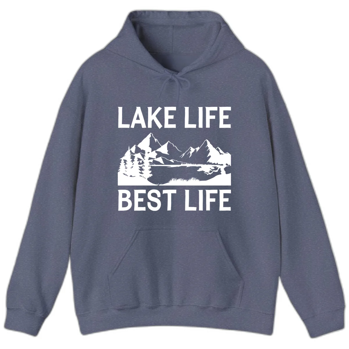 Lake Life Best Life Mountain Scene Hoodie in Heather Navy