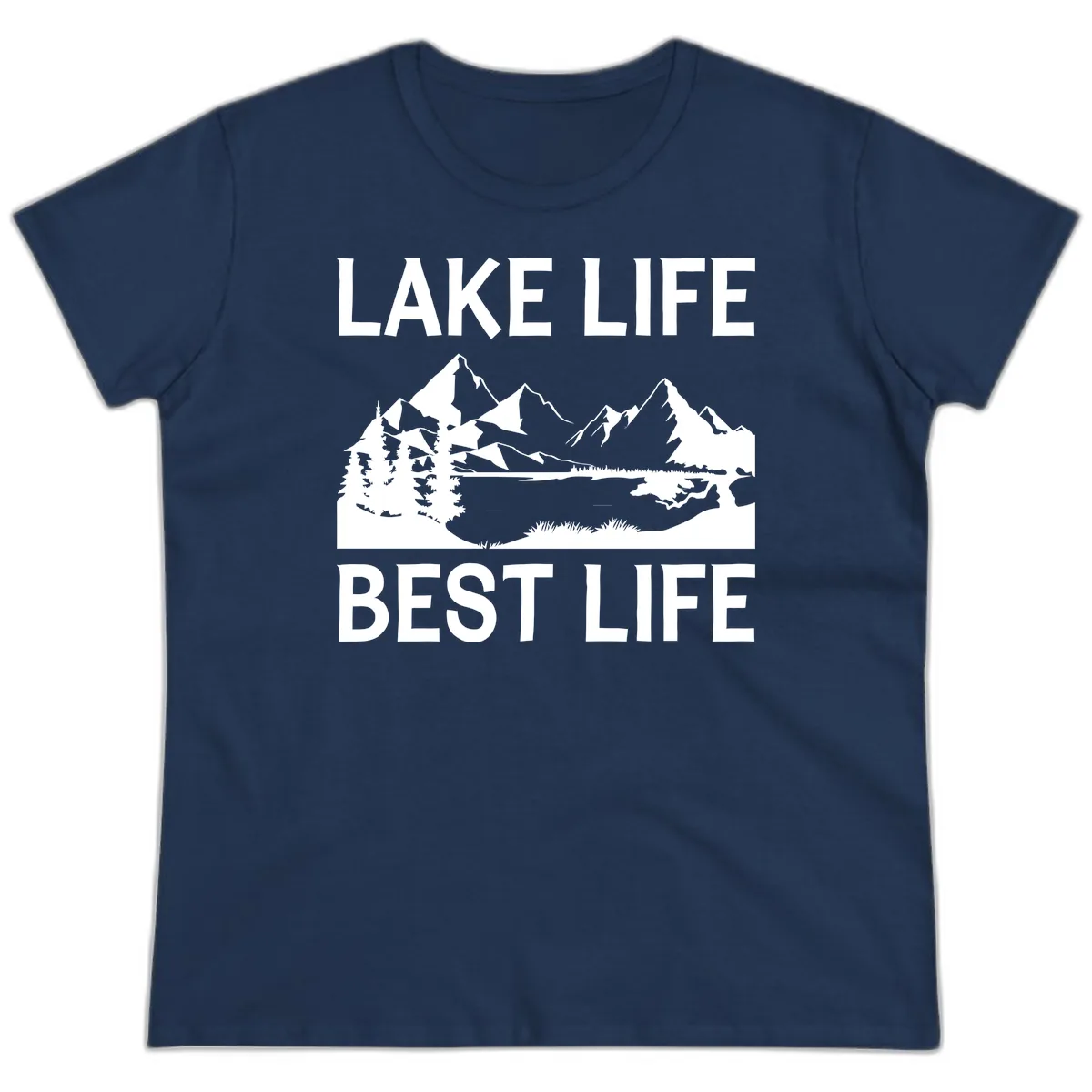 Lake Life Best Life Mountain Scene Ladies Tee in Navy