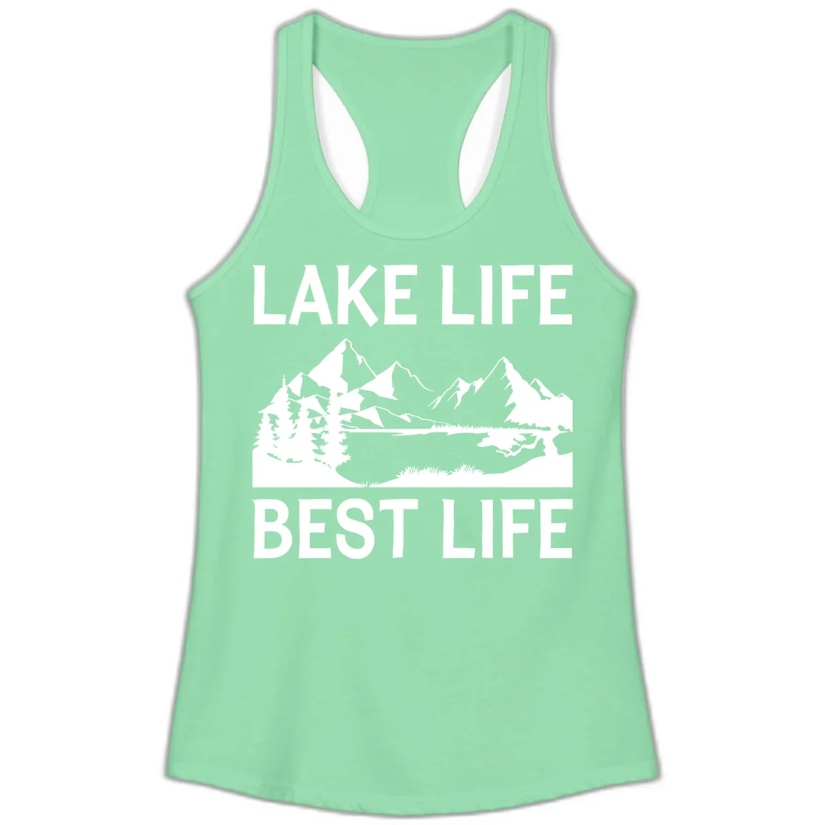 Lake Life Best Life Mountain Scene Ladies Tank in Solid Mint