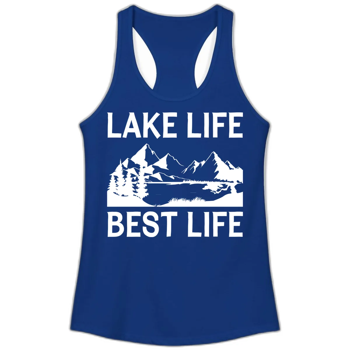 Lake Life Best Life Mountain Scene Ladies Tank in Solid Royal