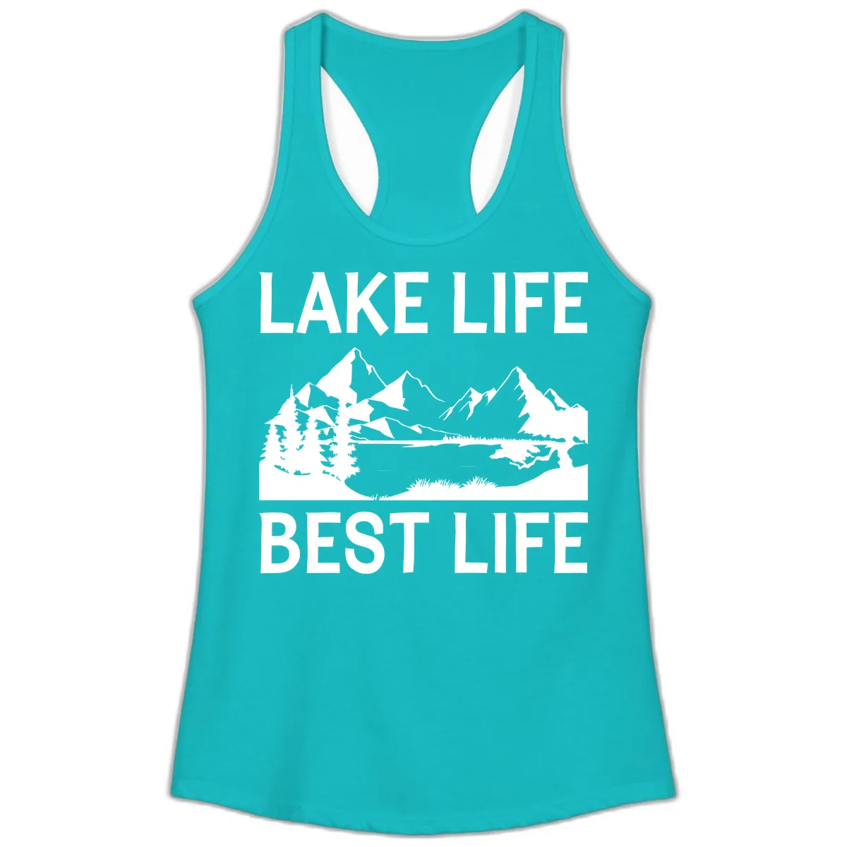 Lake Life Best Life Mountain Scene Ladies Tank in Tahiti Blue
