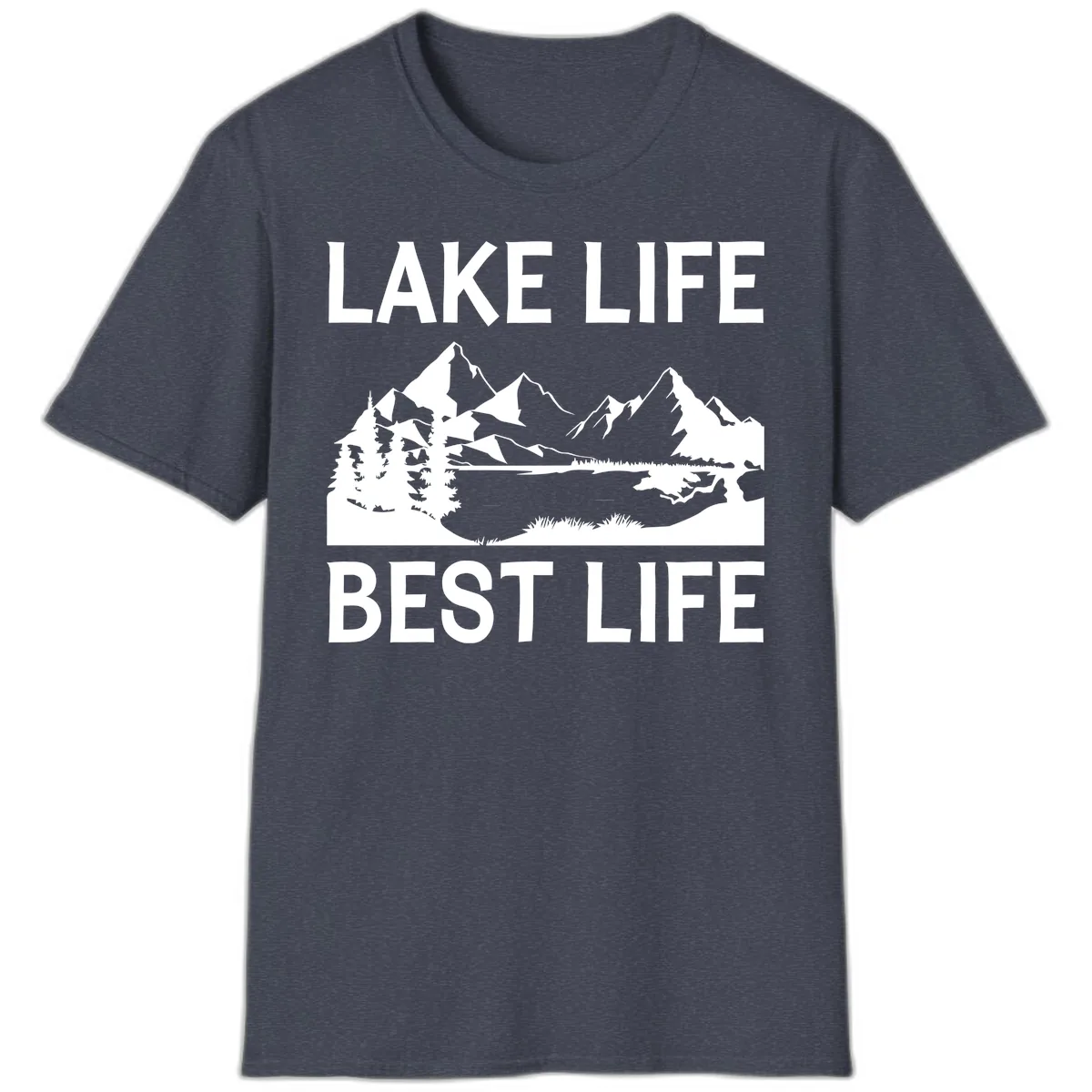 Lake Life Best Life Mountain Scene T-Shirt in Heather Navy