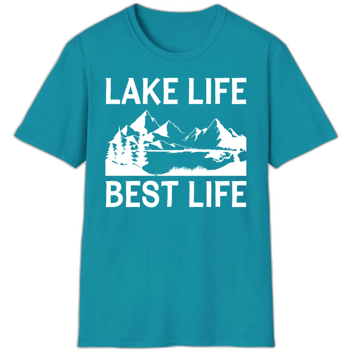 Lake Life Best Life Mountain Scene T-Shirt in Tropical Blue