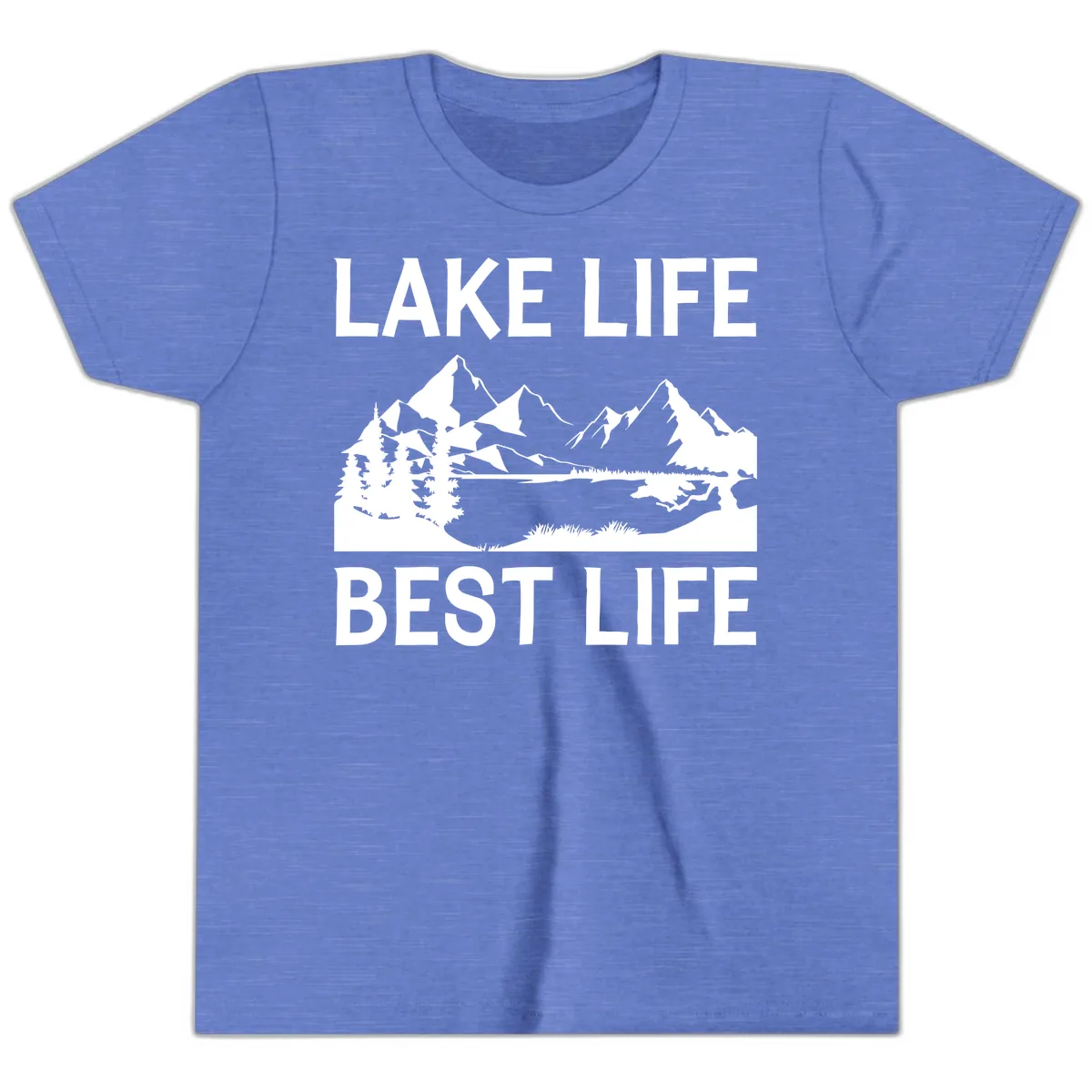 Lake Life Best Life Mountain Scene Youth T-Shirt in Heather Columbia Blue