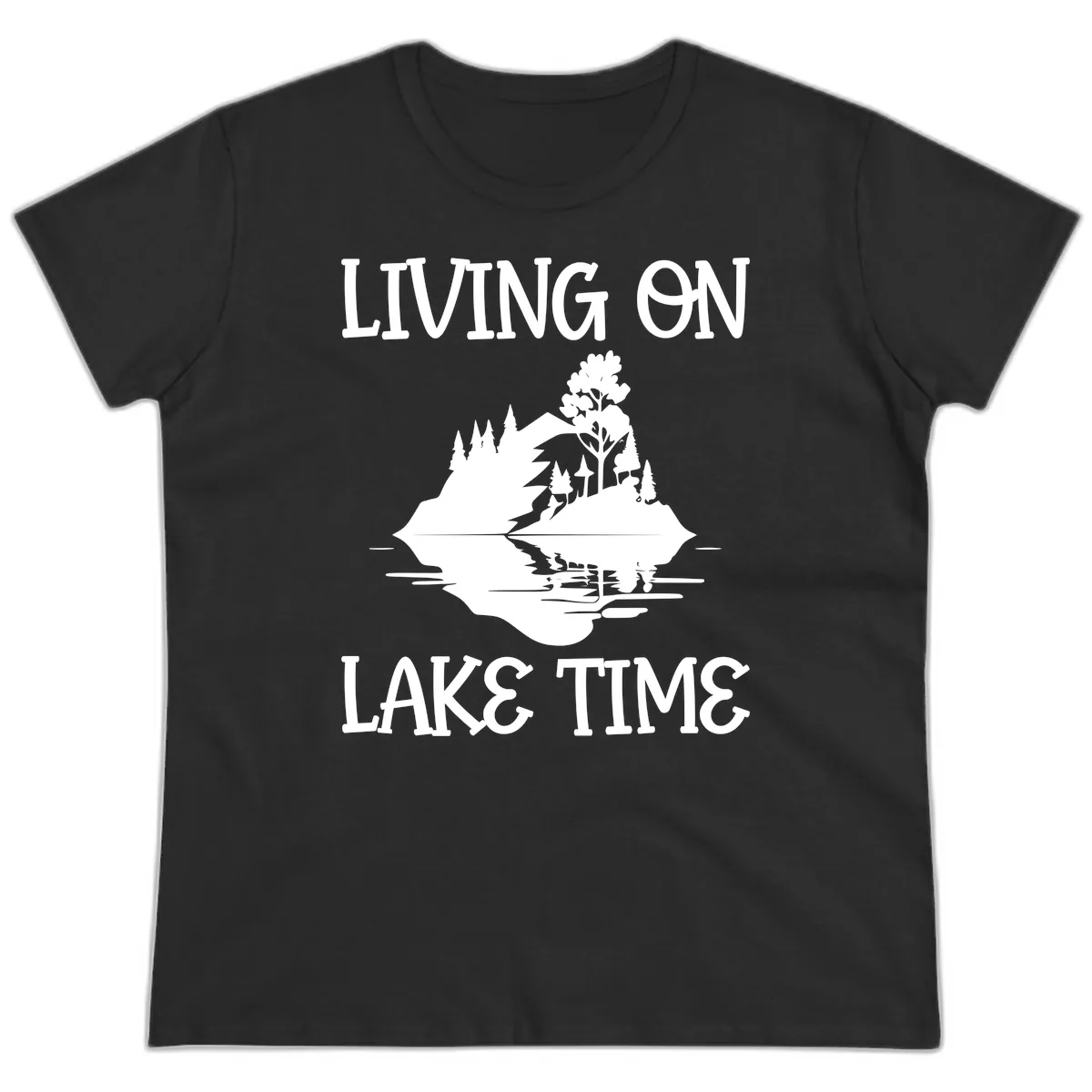 Living On Lake Time Scenic Design Ladies Tee in Black