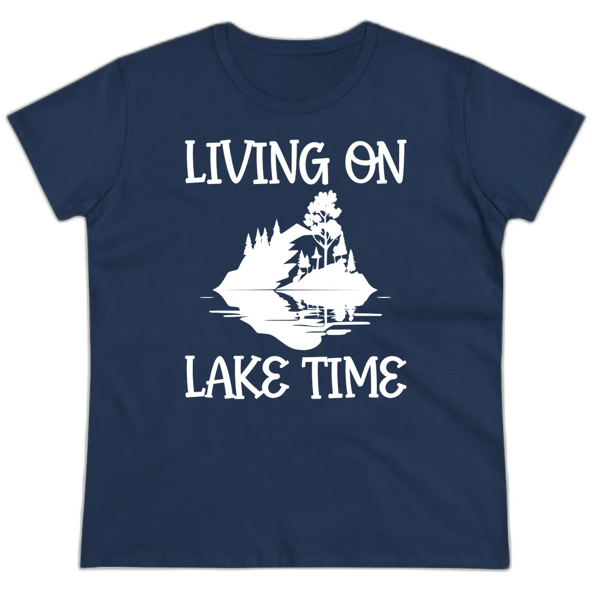 Living On Lake Time Scenic Design Ladies Tee in Navy