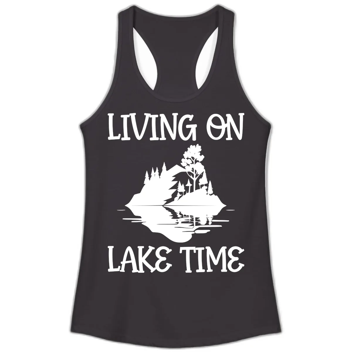Living On Lake Time Scenic Design Ladies Tank in Black