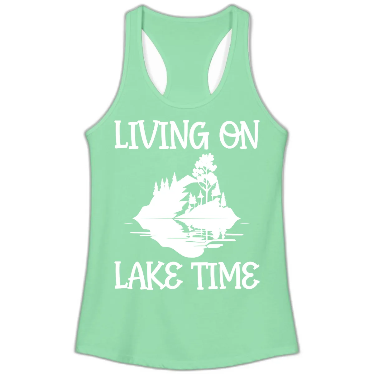 Living On Lake Time Scenic Design Ladies Tank in Solid Mint