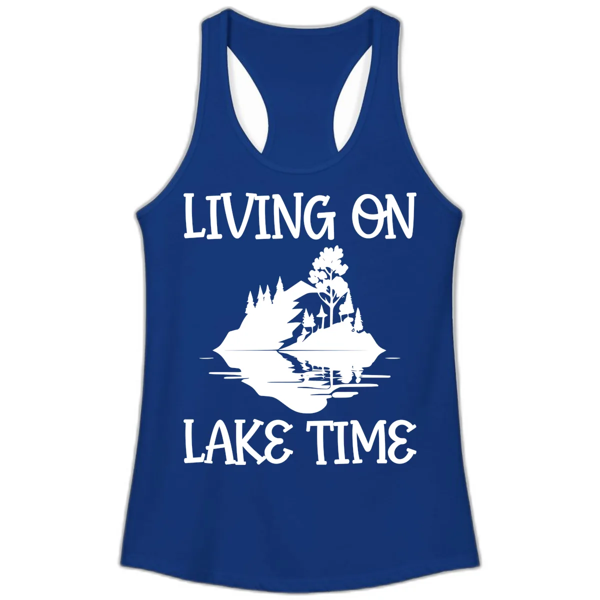 Living On Lake Time Scenic Design Ladies Tank in Solid Royal