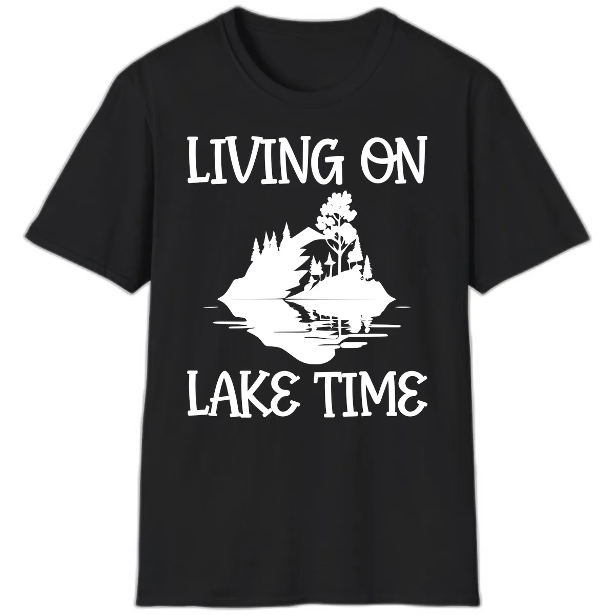 Living On Lake Time Scenic Design T-Shirt in Black