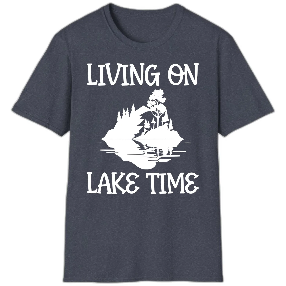 Living On Lake Time Scenic Design T-Shirt in Heather Navy