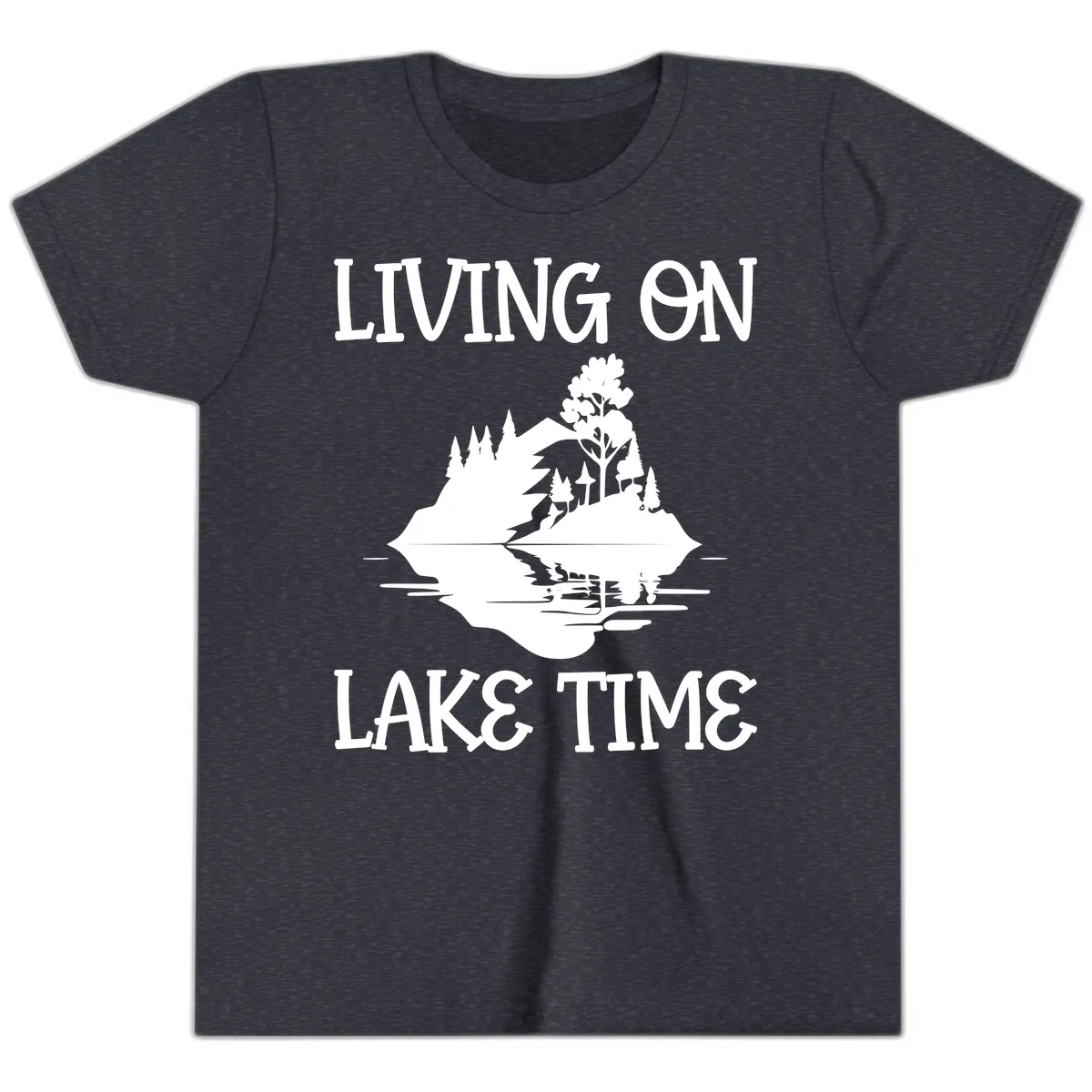 Living On Lake Time Scenic Design Youth T-Shirt in Heather Navy