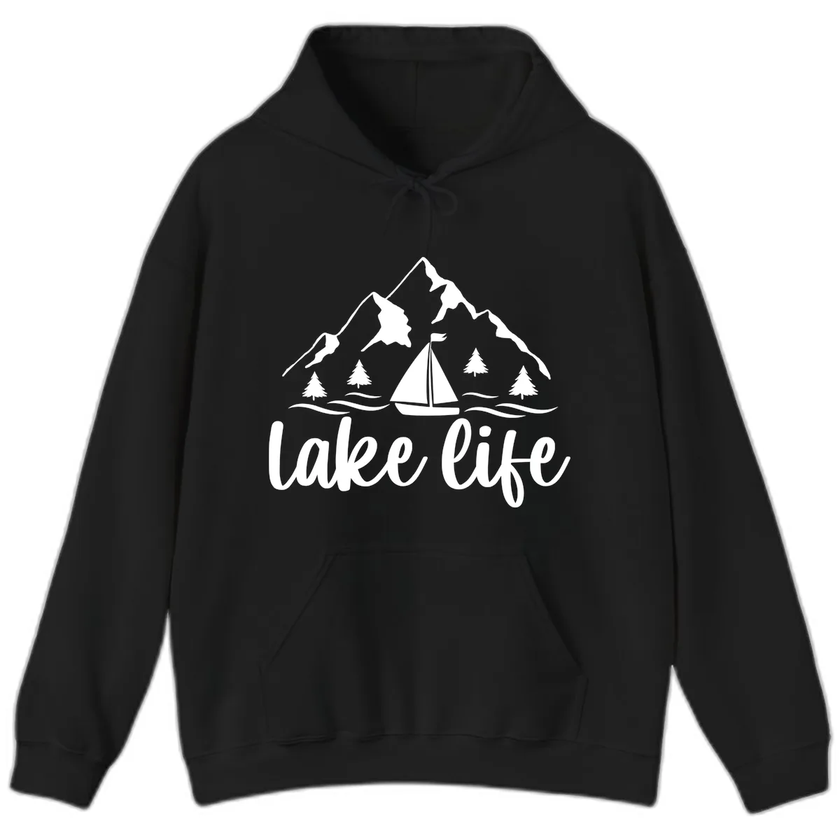 Lake Life Mountain Sailboat Design Hoodie in Black