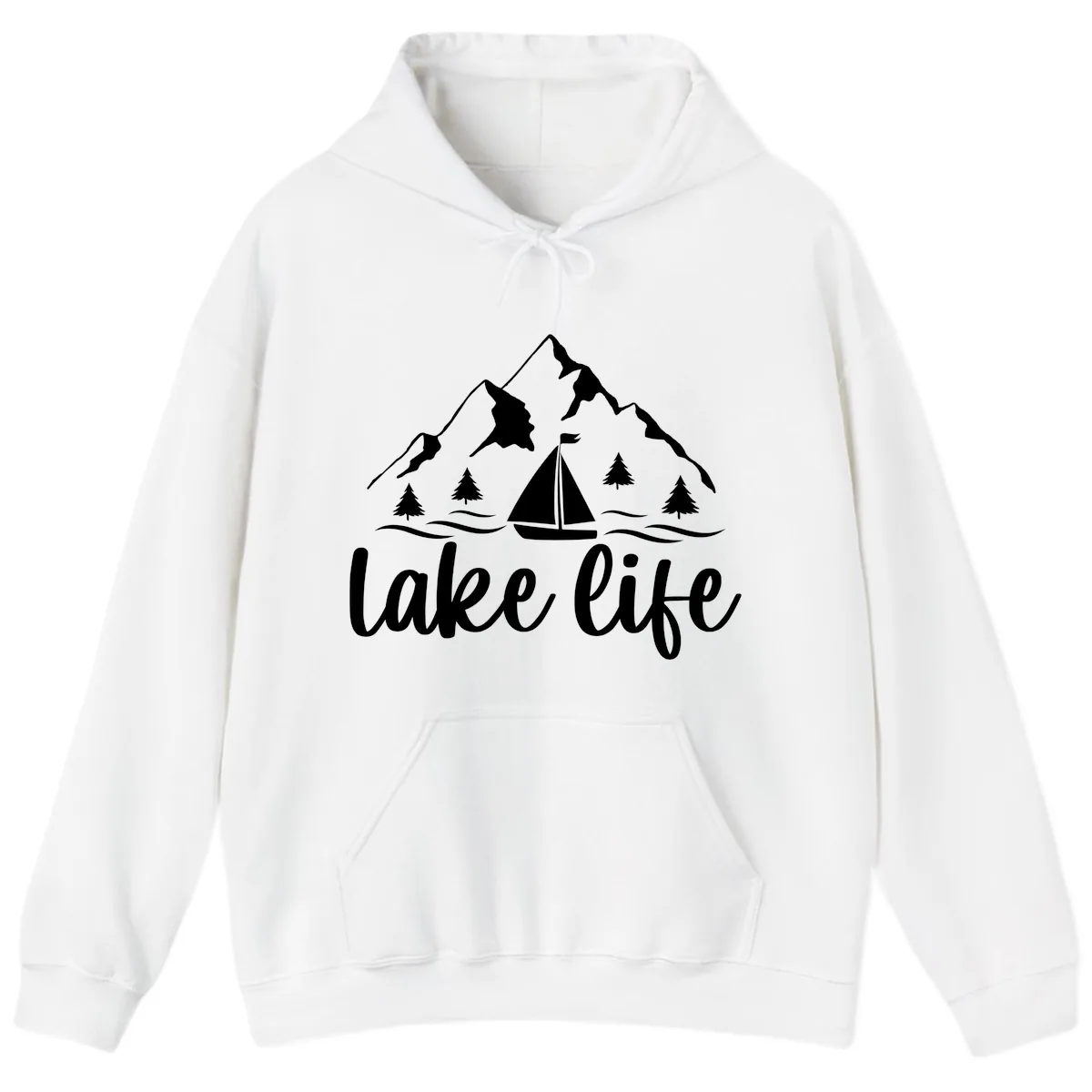 Lake Life Mountain Sailboat Design Hoodie in White