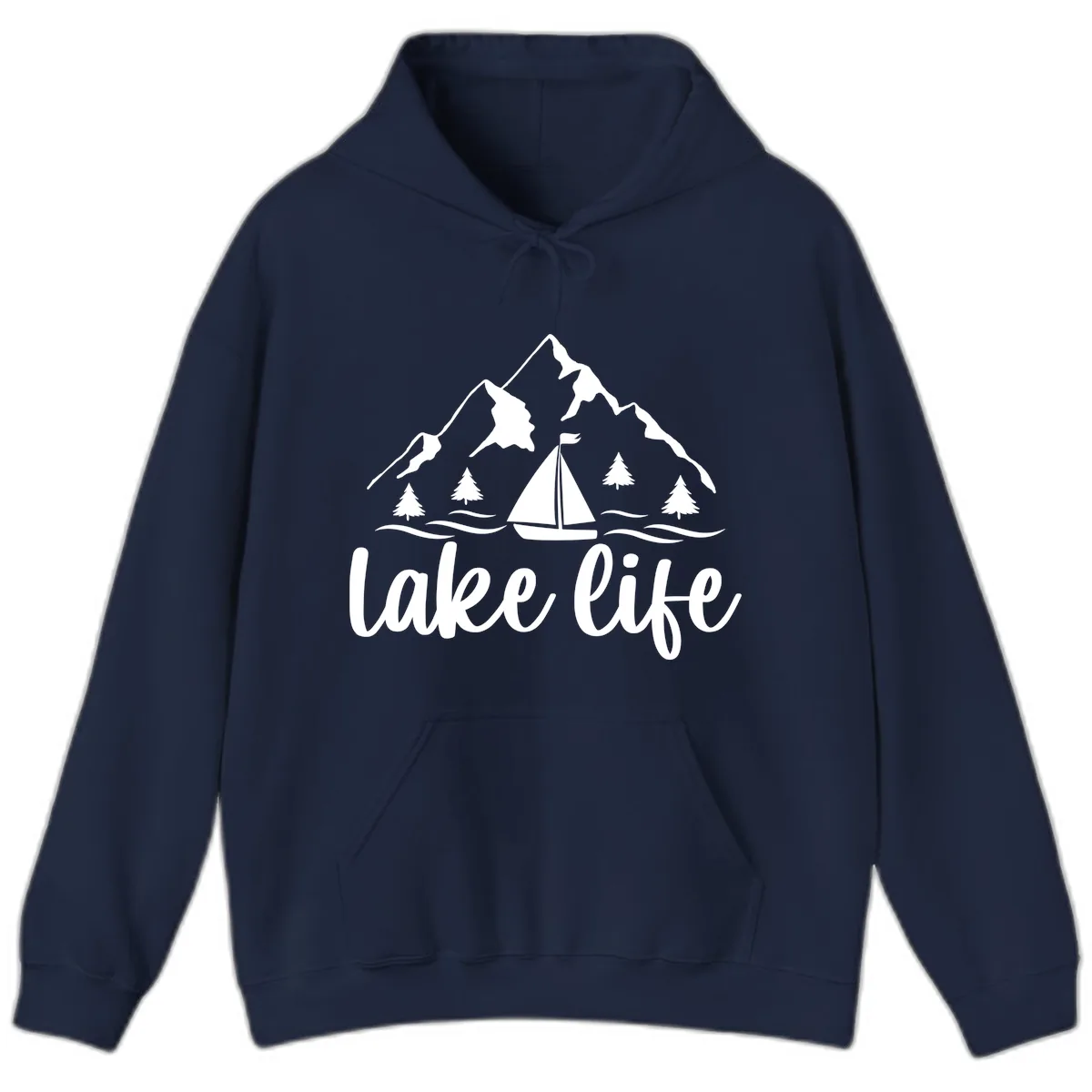 Lake Life Mountain Sailboat Design Hoodie in Navy