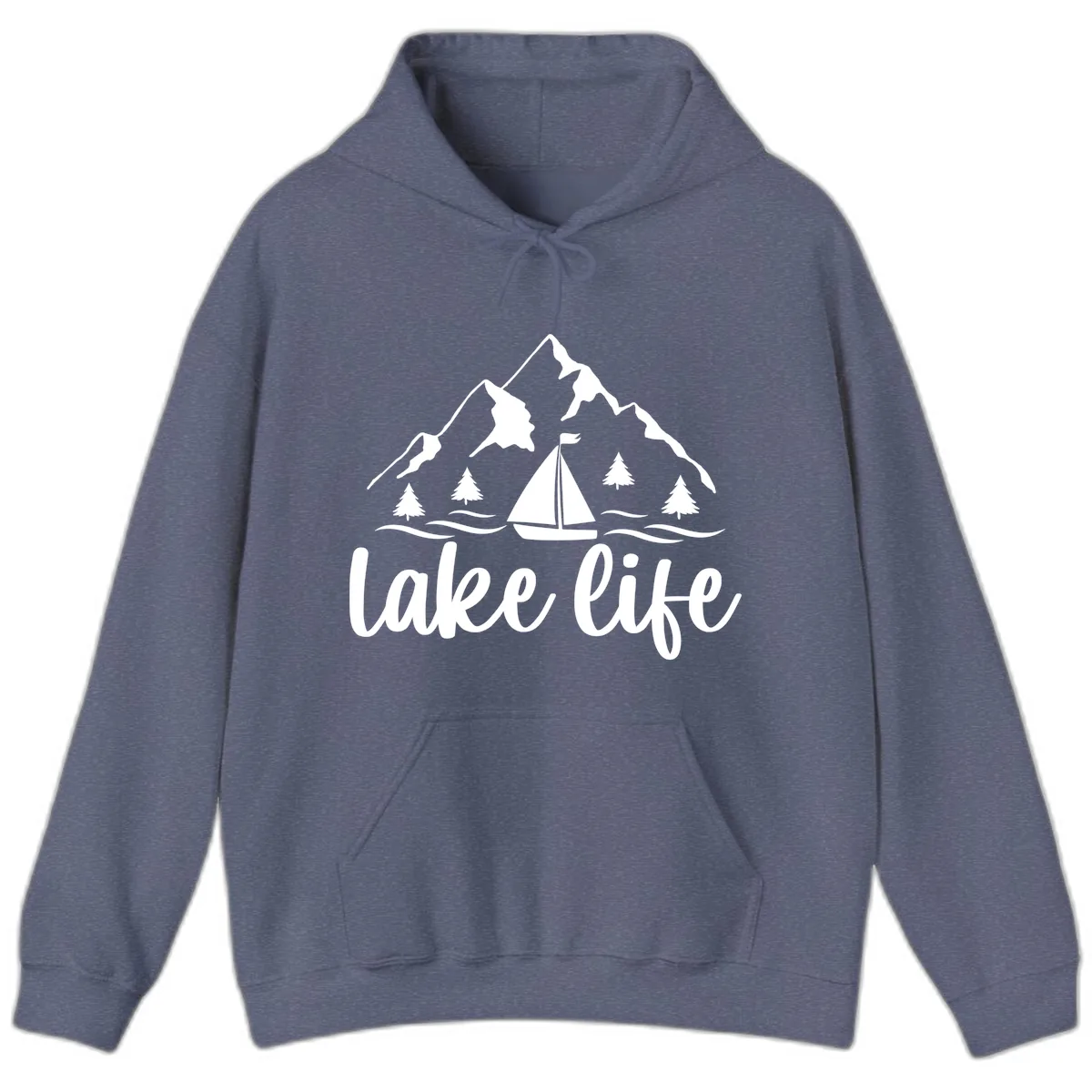Lake Life Mountain Sailboat Design Hoodie in Heather Navy