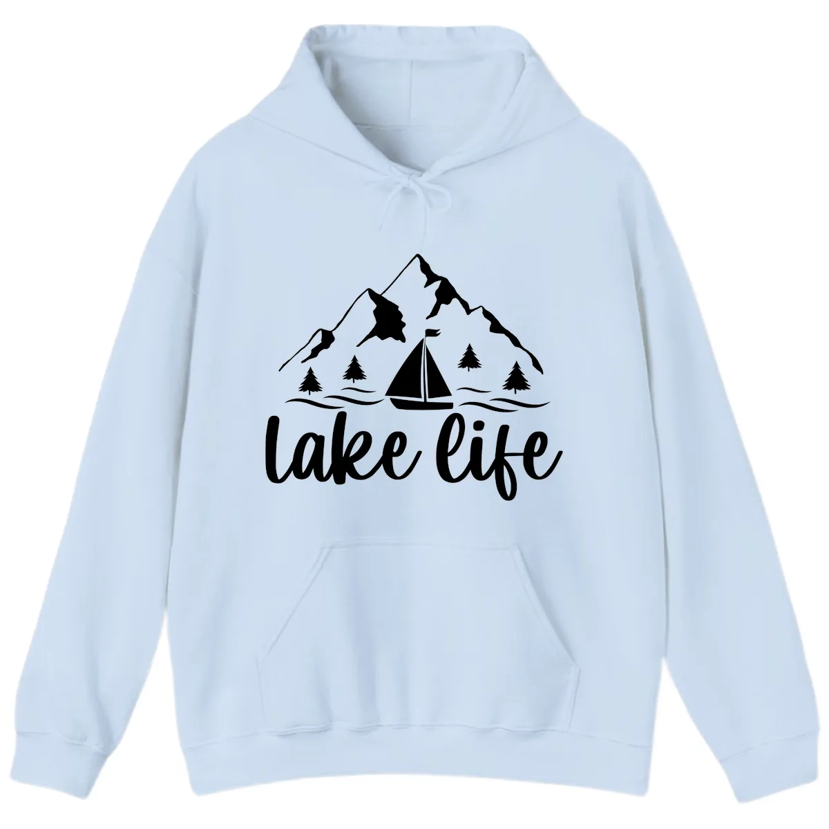 Lake Life Mountain Sailboat Design Hoodie in Light Blue
